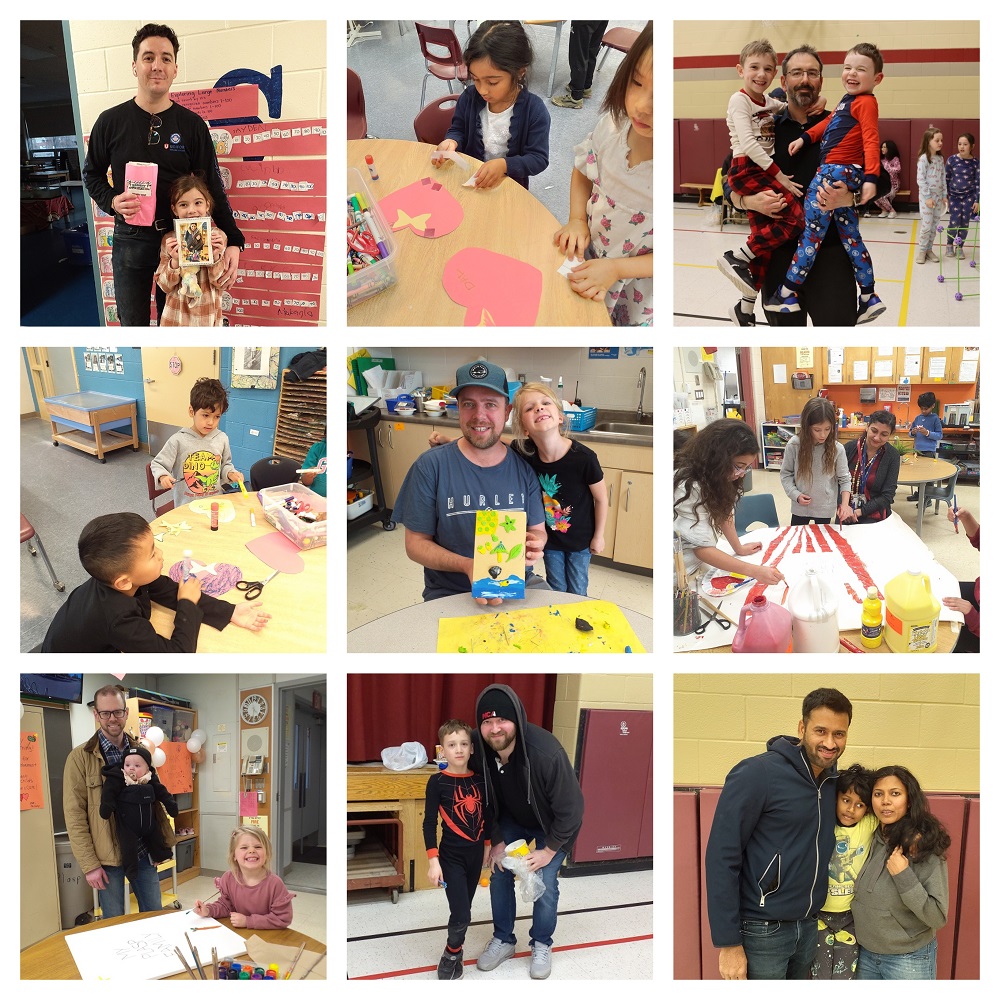 A collage of dads and their kids along with kids making crafts for Father's Day 