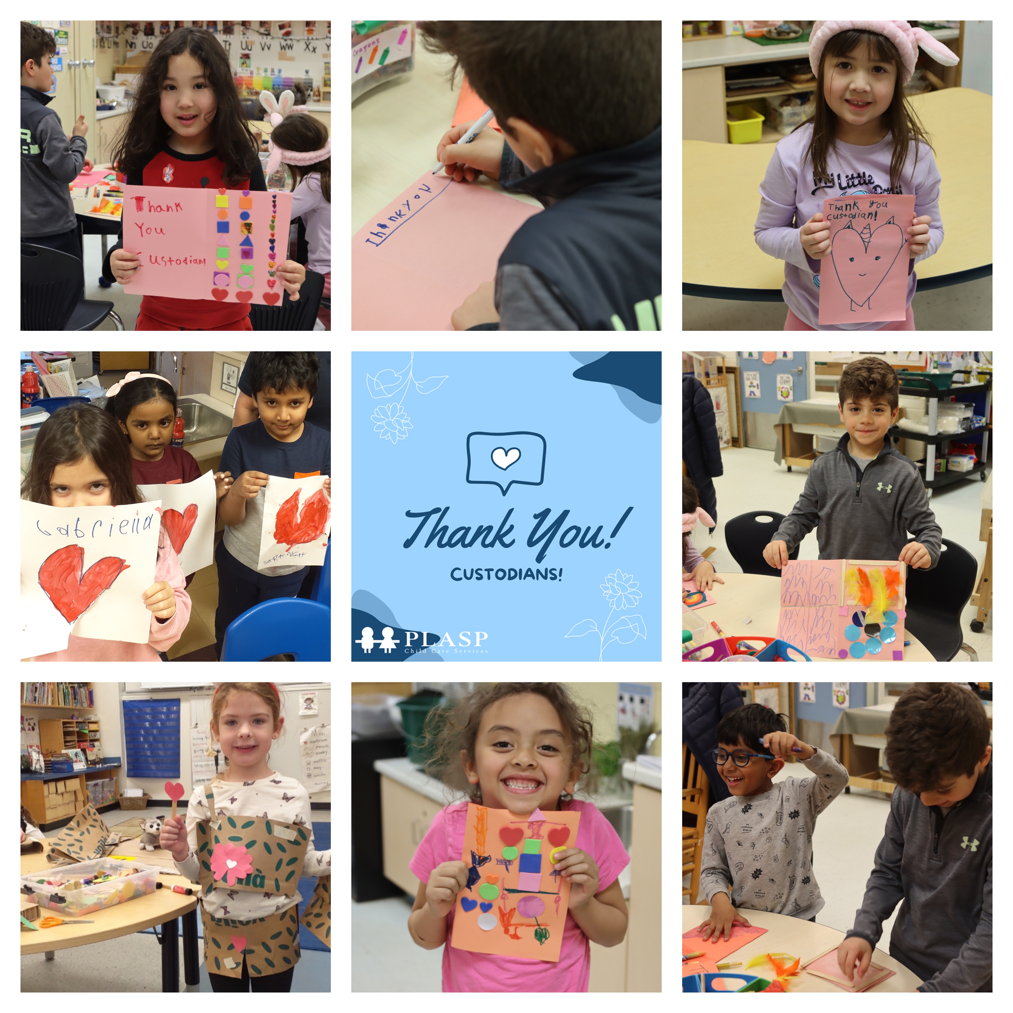 A collage of children in PLASP programs creating Thank You cards for school custodians