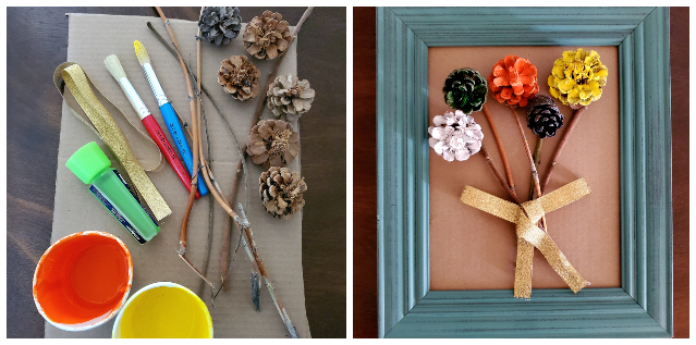 Pinecones painted and arranged like flowers